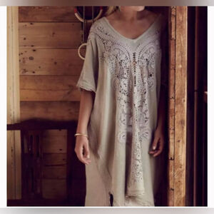 Anthropologie Knitted and Knotted linen blend
 Beige Crochet Tunic Dress kaftan